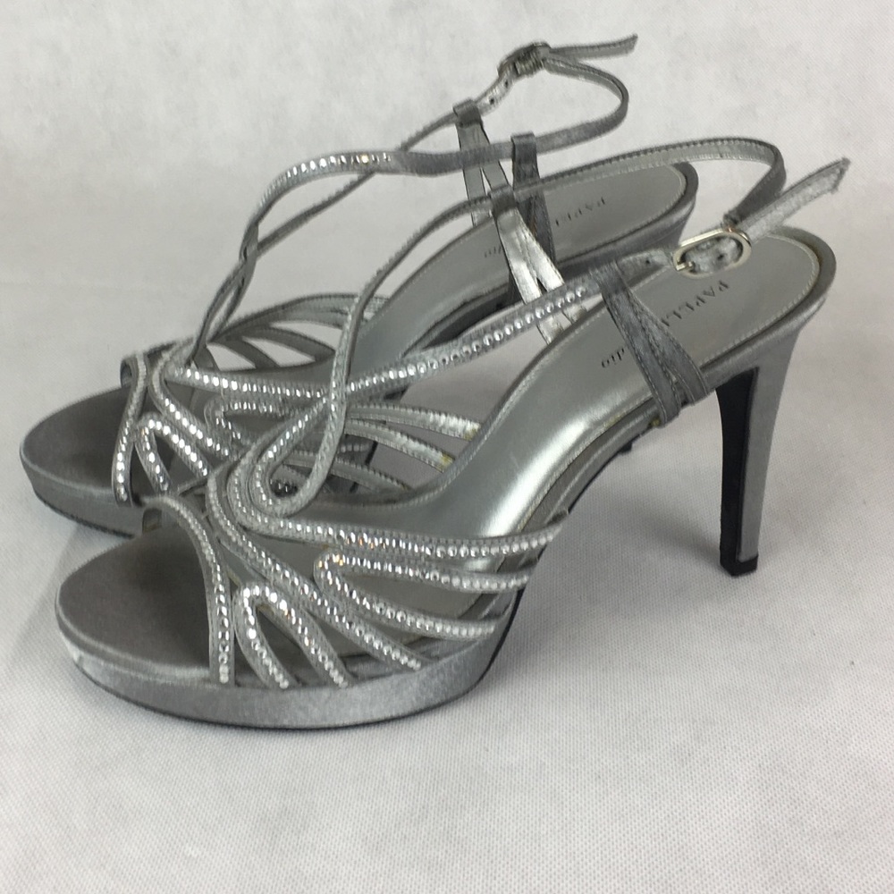 Papell Studio Silver Strappy Heels Crystal Size 9